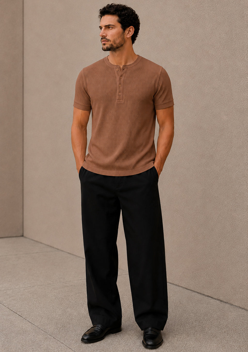Brown Waffle Knit Half Sleeve Henley Tshirt For Men
