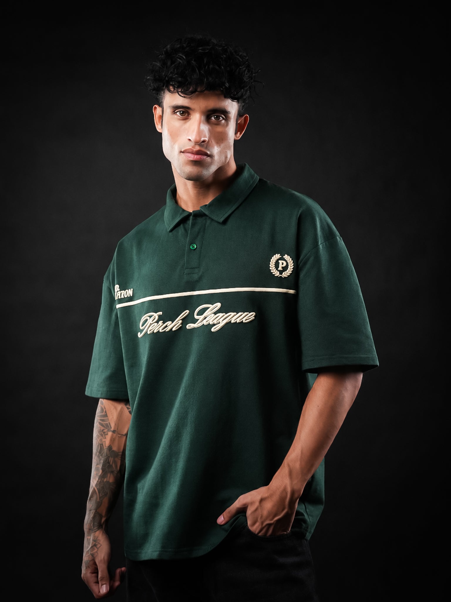 Bottle Green Perch League Cotton Oversized Polo Tshirt for Men & Women