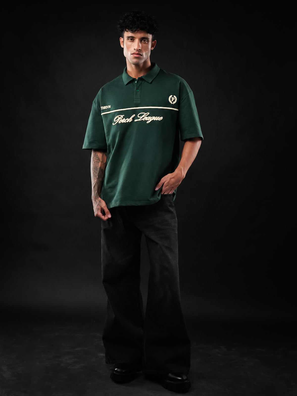 Bottle Green Perch League Cotton Oversized Polo Tshirt for Men & Women