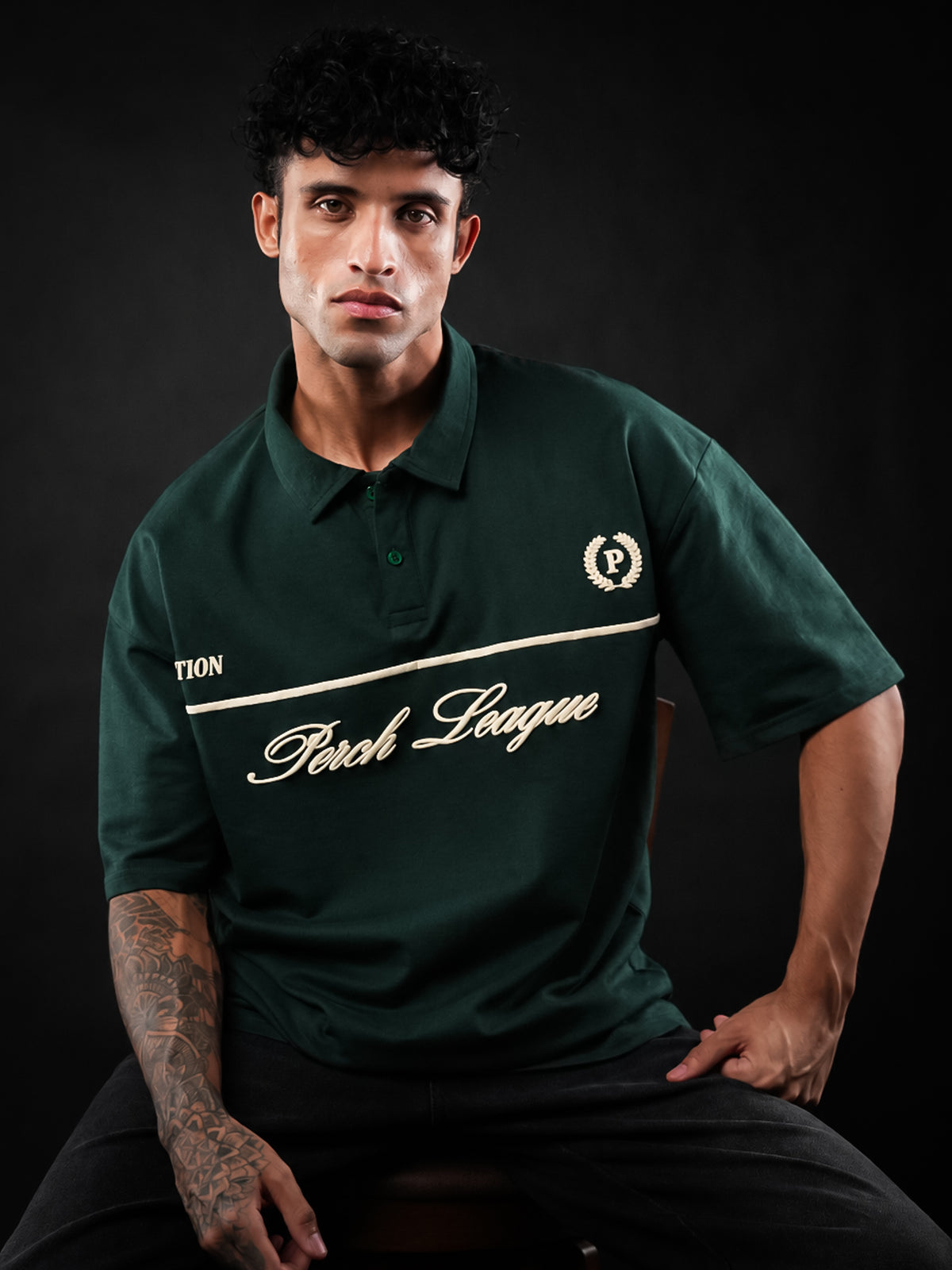 Bottle Green Perch League Cotton Oversized Polo Tshirt for Men & Women