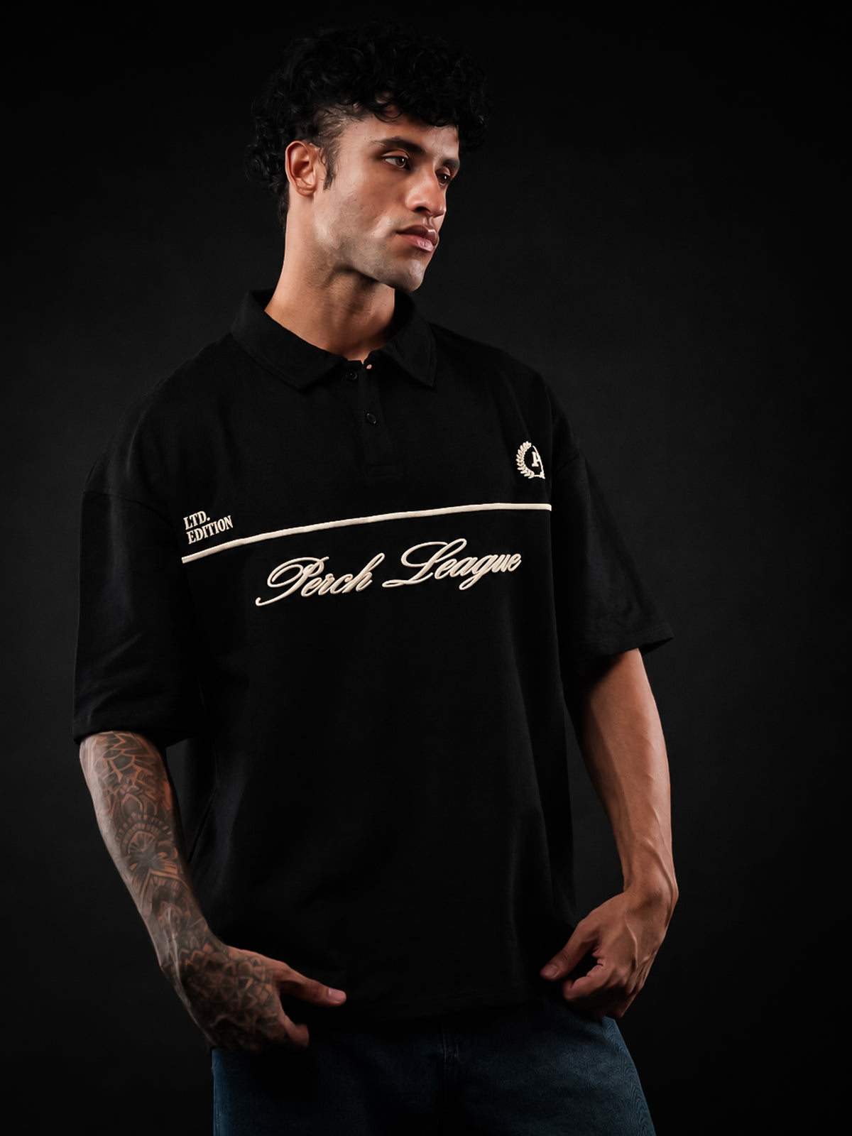 Black Perch League Cotton Oversized Polo Tshirt for Men & Women