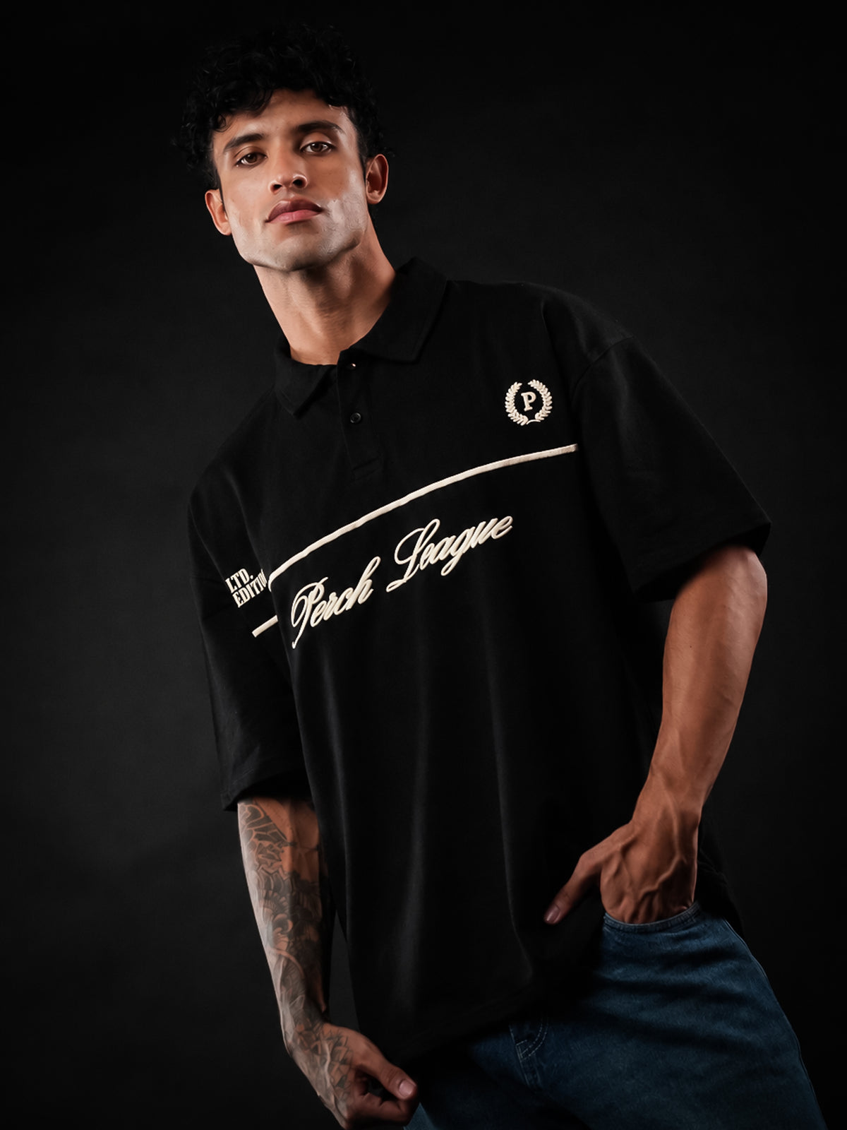Black Perch League Cotton Oversized Polo Tshirt for Men & Women