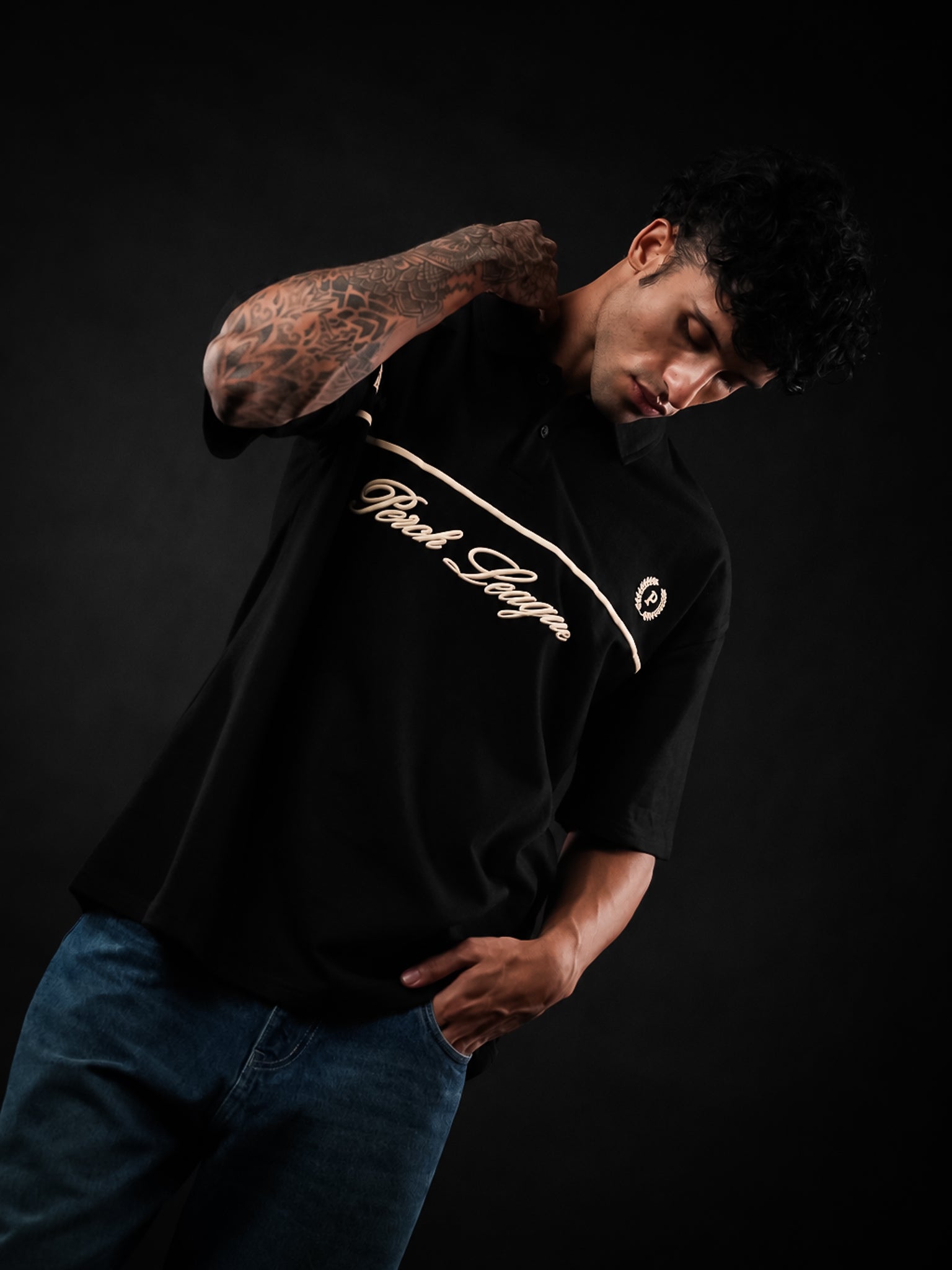 Black Perch League Cotton Oversized Polo Tshirt for Men & Women