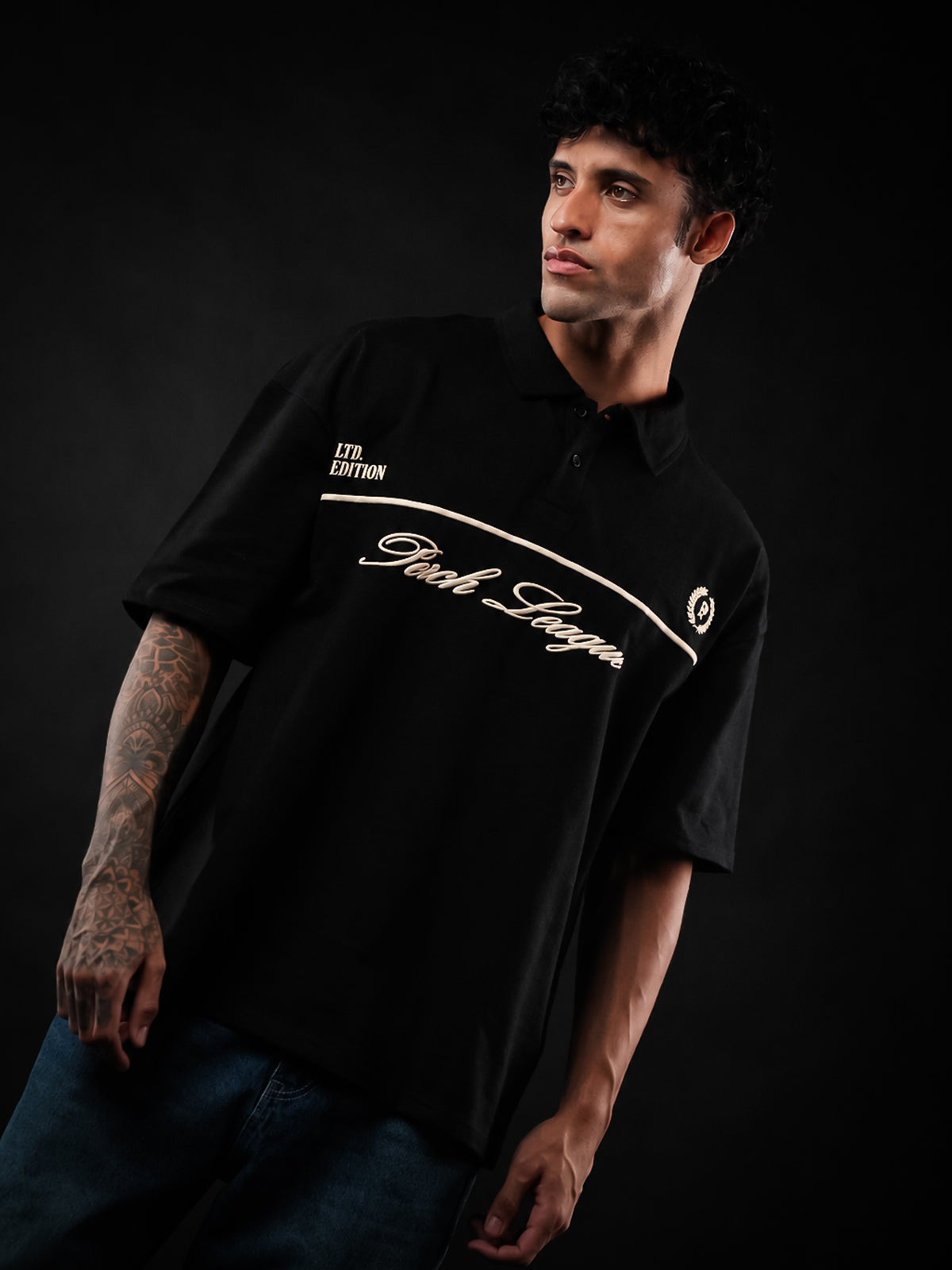 Black Perch League Cotton Oversized Polo Tshirt for Men & Women