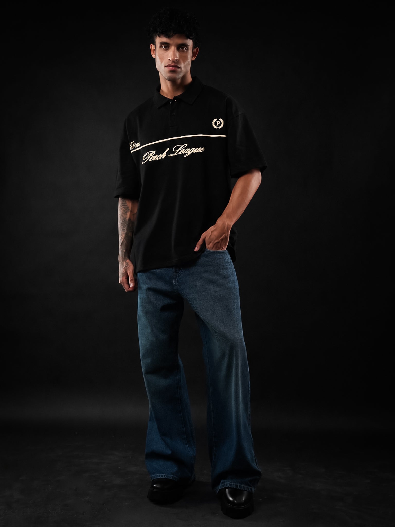 Black Perch League Cotton Oversized Polo Tshirt for Men & Women