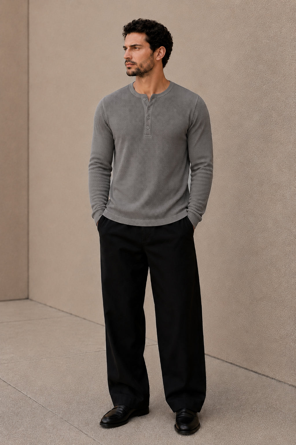 Grey Waffle Knit Full Sleeve Henley Tshirt For Men