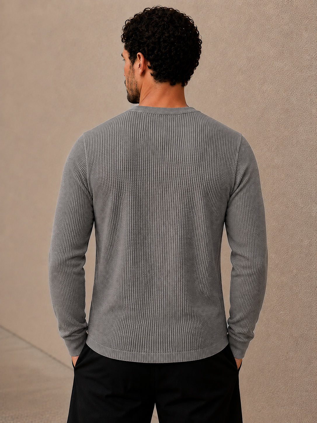 Grey Waffle Knit Full Sleeve Henley Tshirt For Men