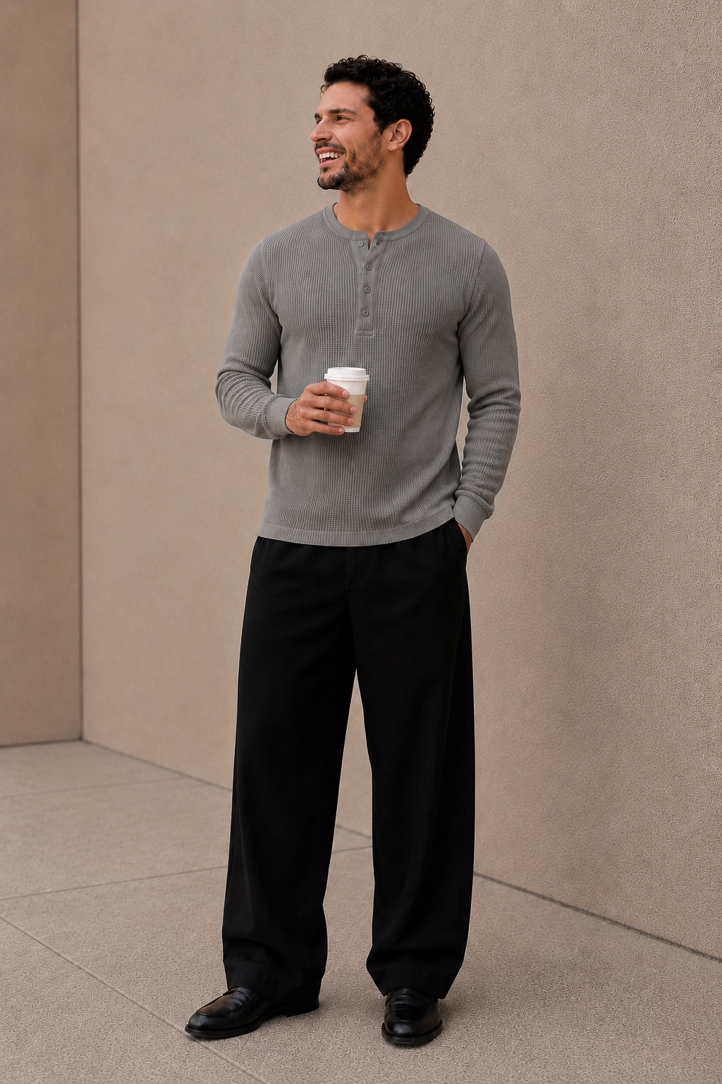Grey Waffle Knit Full Sleeve Henley Tshirt For Men