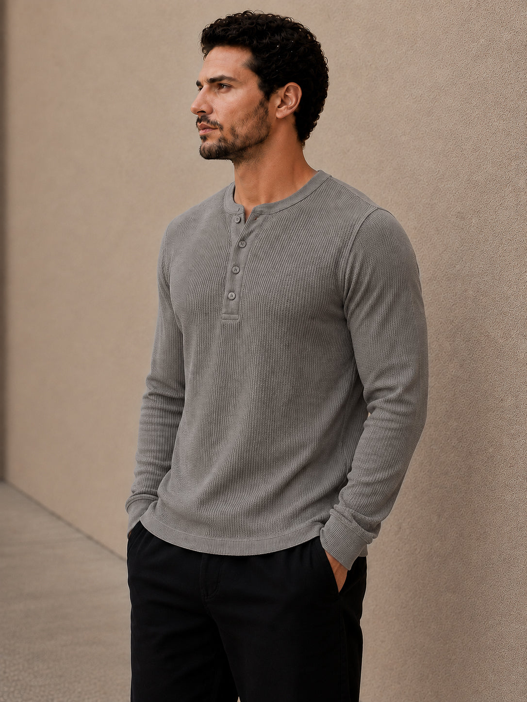 Grey Waffle Knit Full Sleeve Henley Tshirt For Men