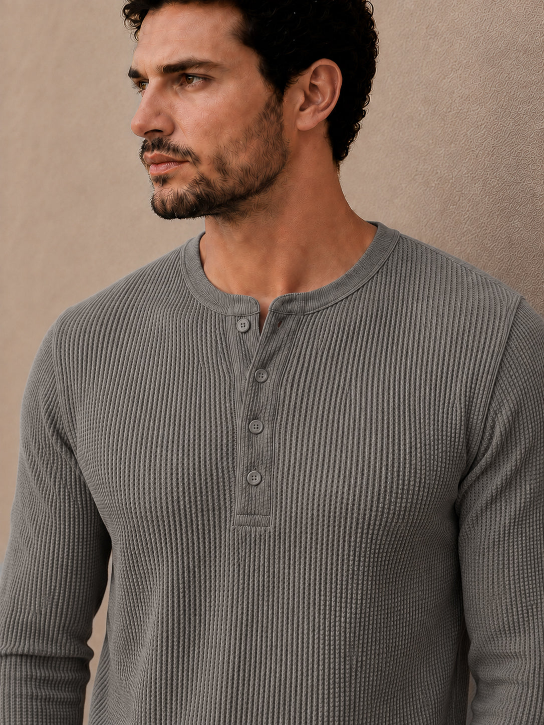 Grey Waffle Knit Full Sleeve Henley Tshirt For Men