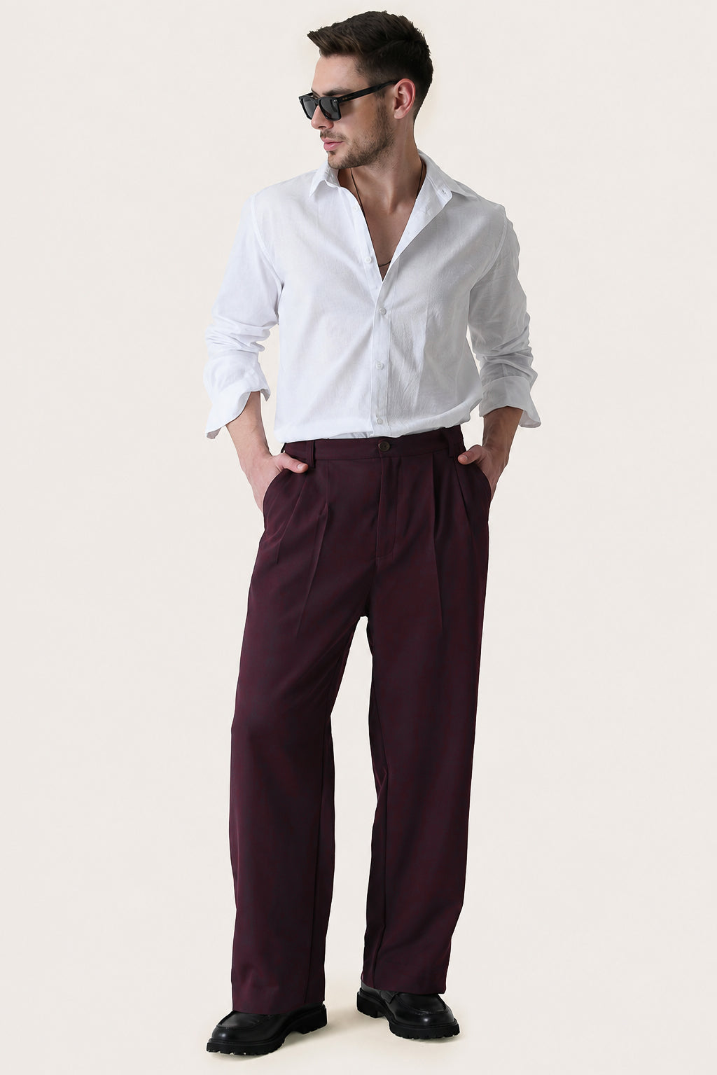 Wine Solid Pleated Korean Pants