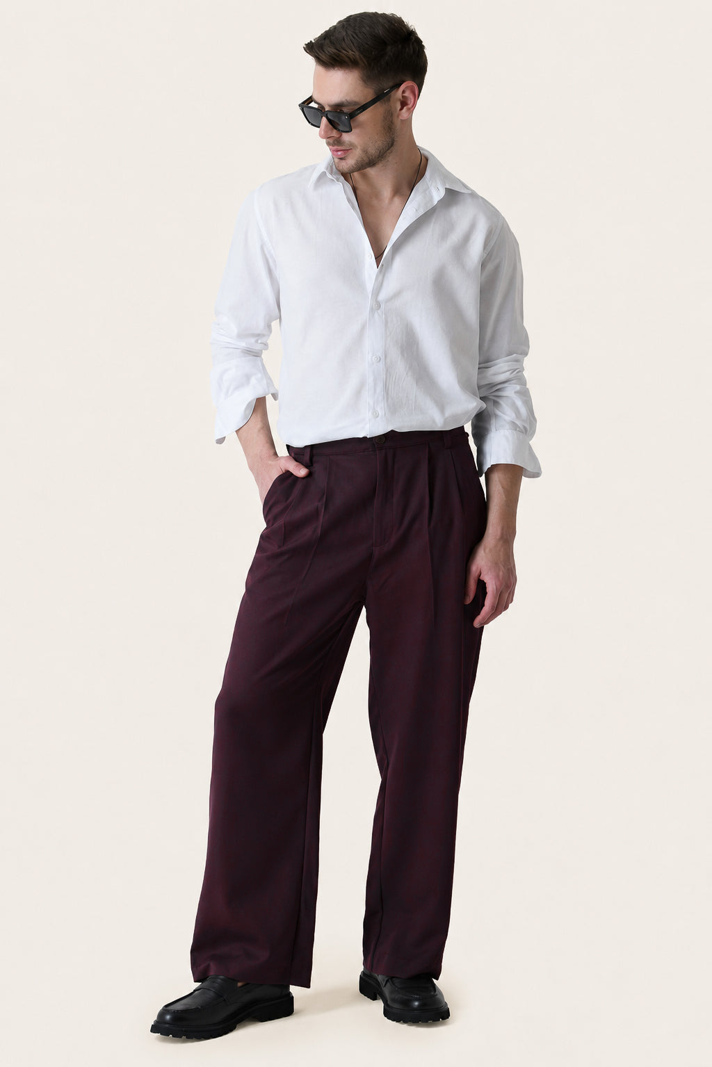 Wine Solid Pleated Korean Pants