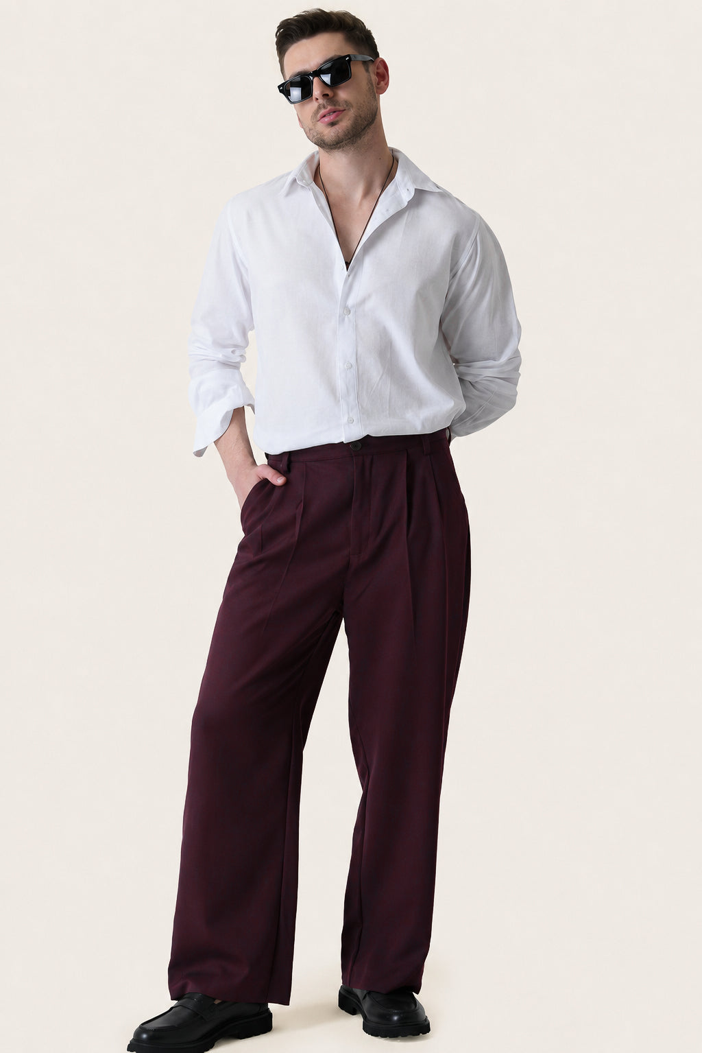 Wine Solid Pleated Korean Pants