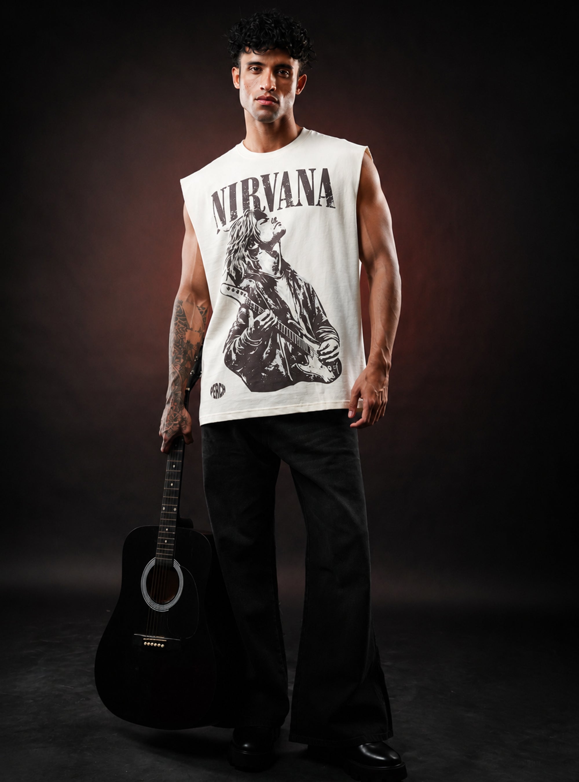 Cream Nirvana Oversized Sleeveless Cotton Tank Tshirt for Men & Women
