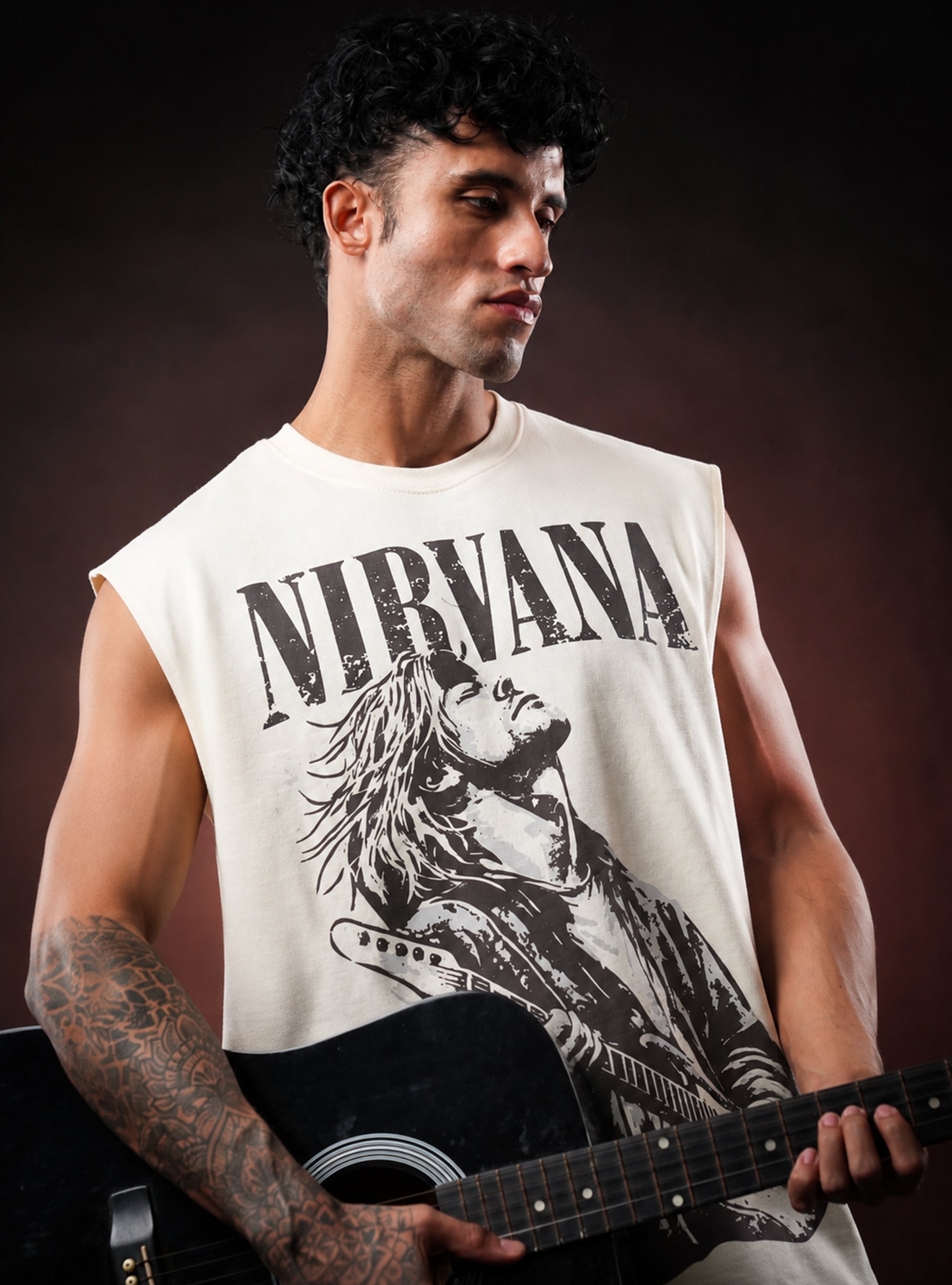 Cream Nirvana Oversized Sleeveless Cotton Tank Tshirt for Men & Women