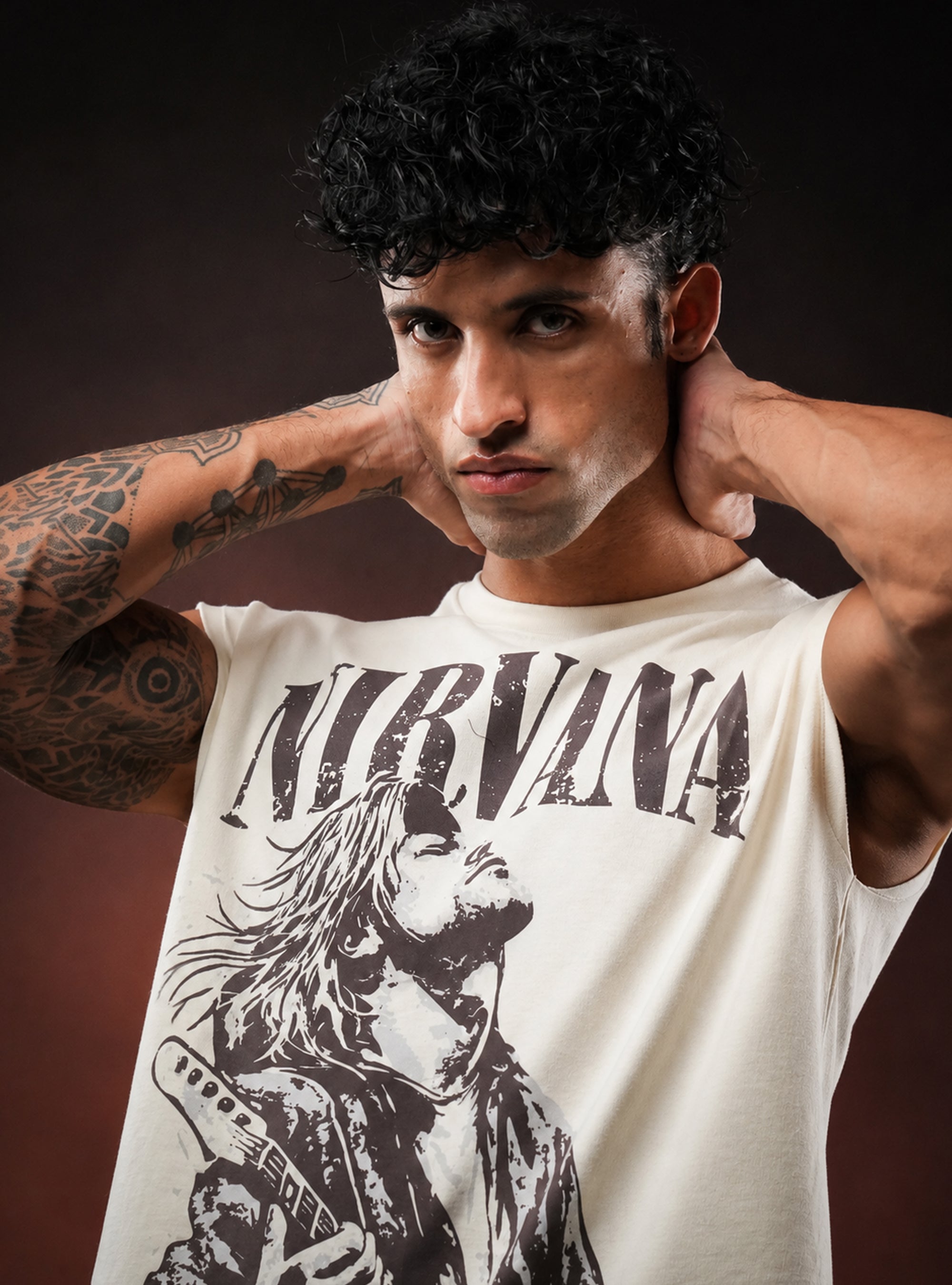 Cream Nirvana Oversized Sleeveless Cotton Tank Tshirt for Men & Women