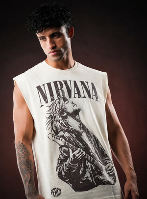 Cream Nirvana Oversized Sleeveless Cotton Tank Tshirt for Men & Women
