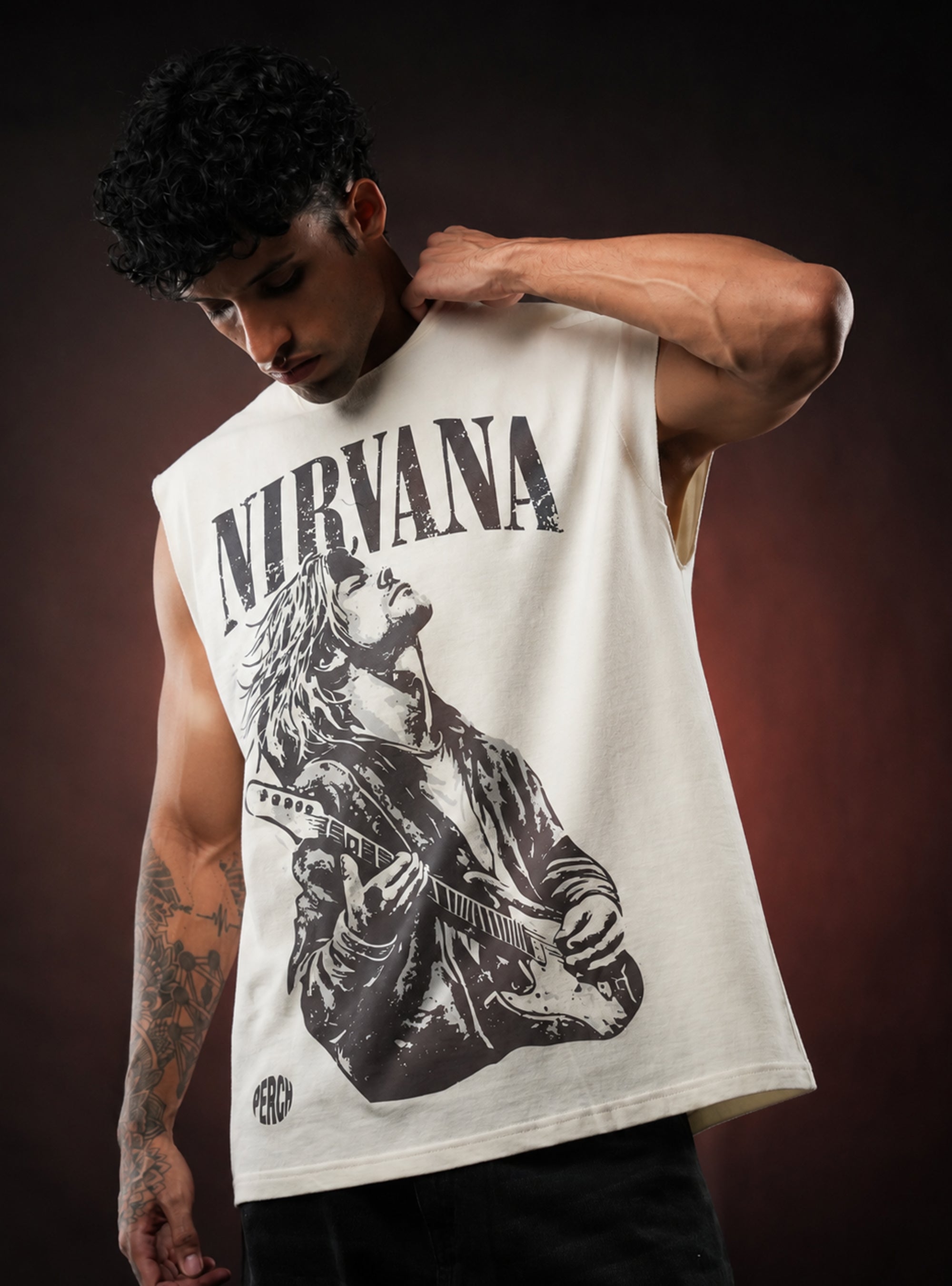 Cream Nirvana Oversized Sleeveless Cotton Tank Tshirt for Men & Women