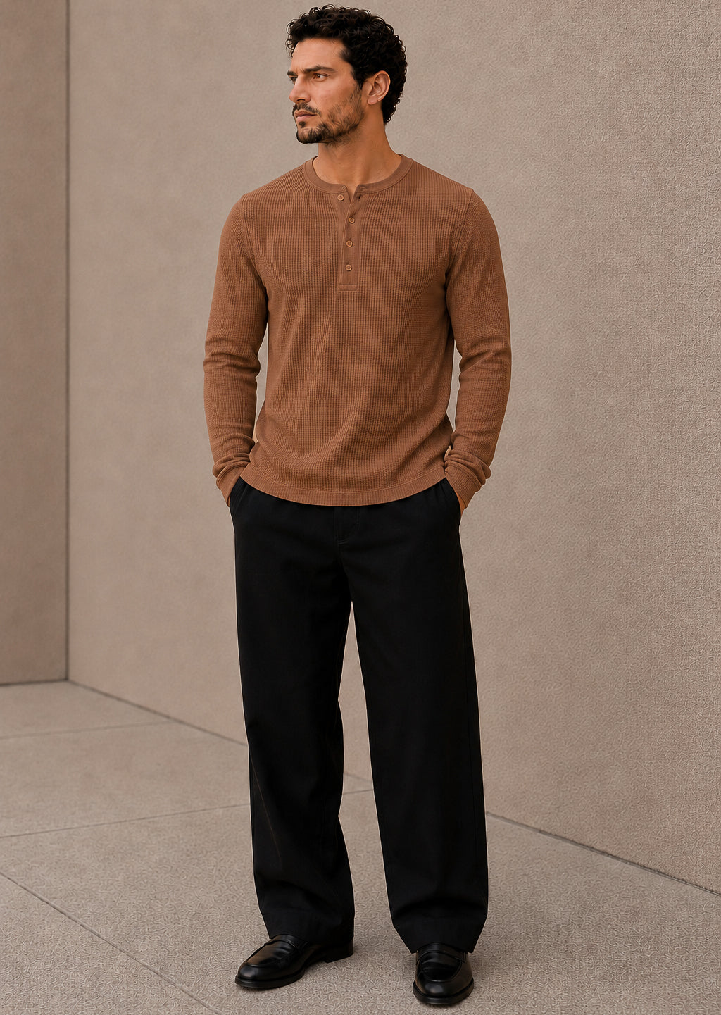 Brown Waffle Knit Full Sleeve Henley Tshirt For Men