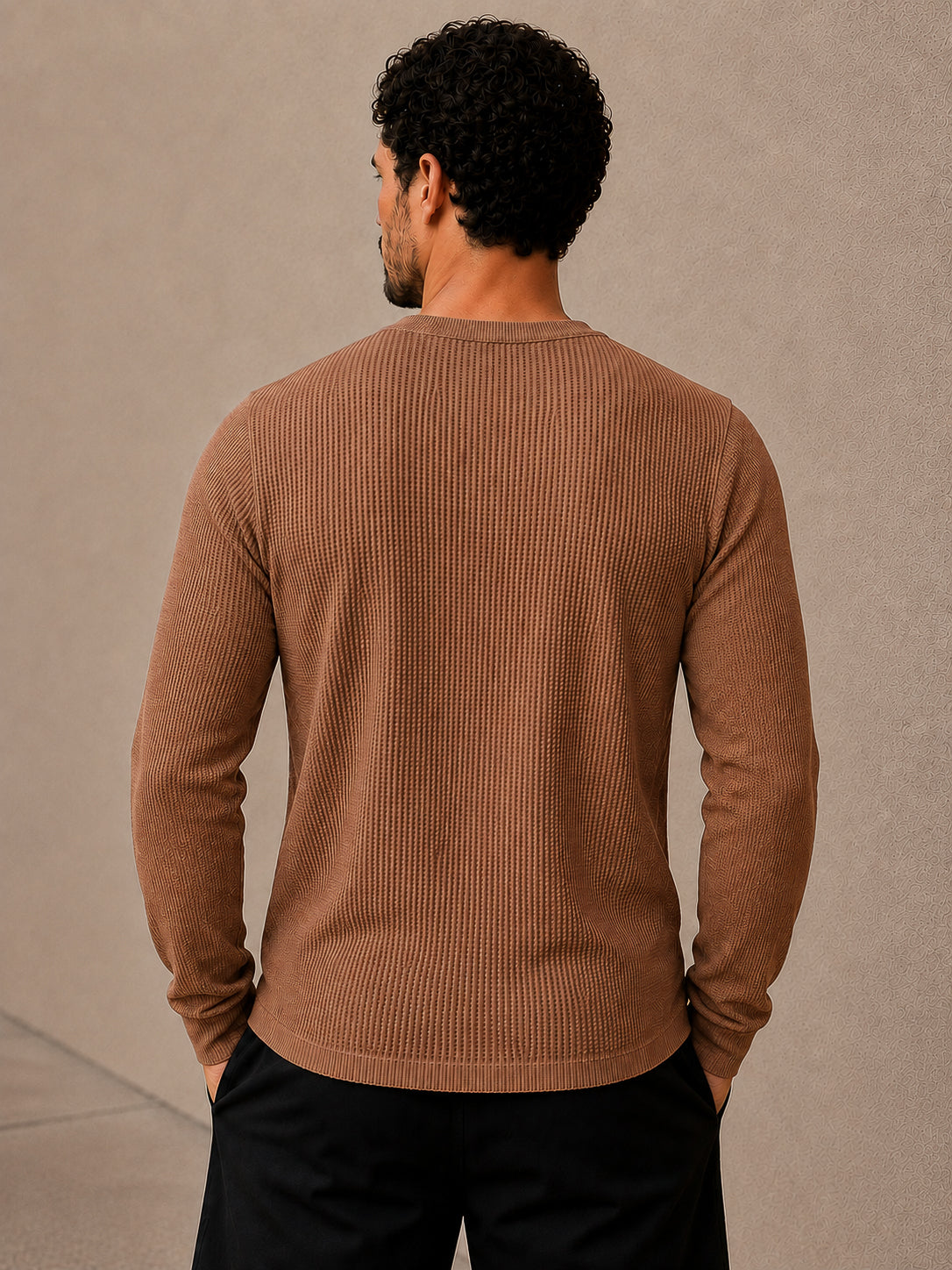 Brown Waffle Knit Full Sleeve Henley Tshirt For Men