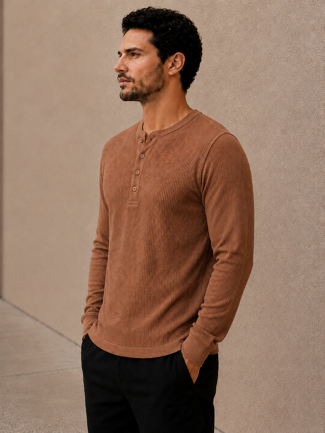 Brown Waffle Knit Full Sleeve Henley Tshirt For Men