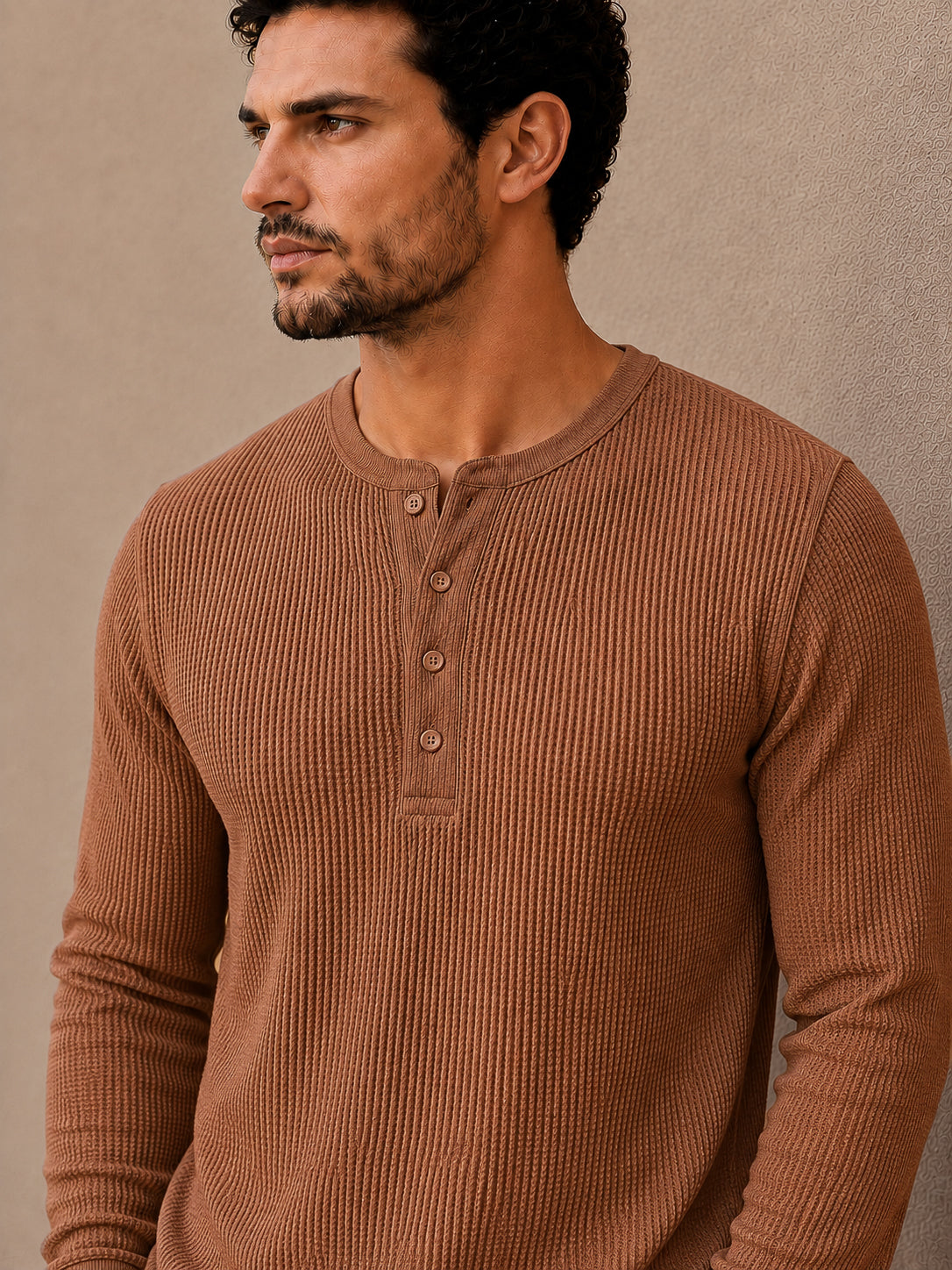 Brown Waffle Knit Full Sleeve Henley Tshirt For Men