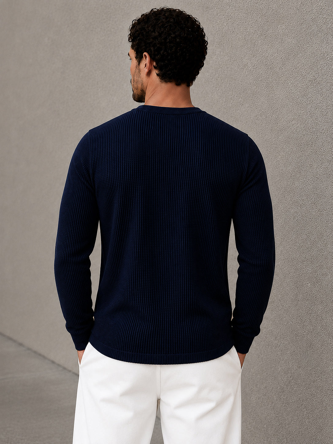 Navy Waffle Knit Full Sleeve Henley Tshirt For Men