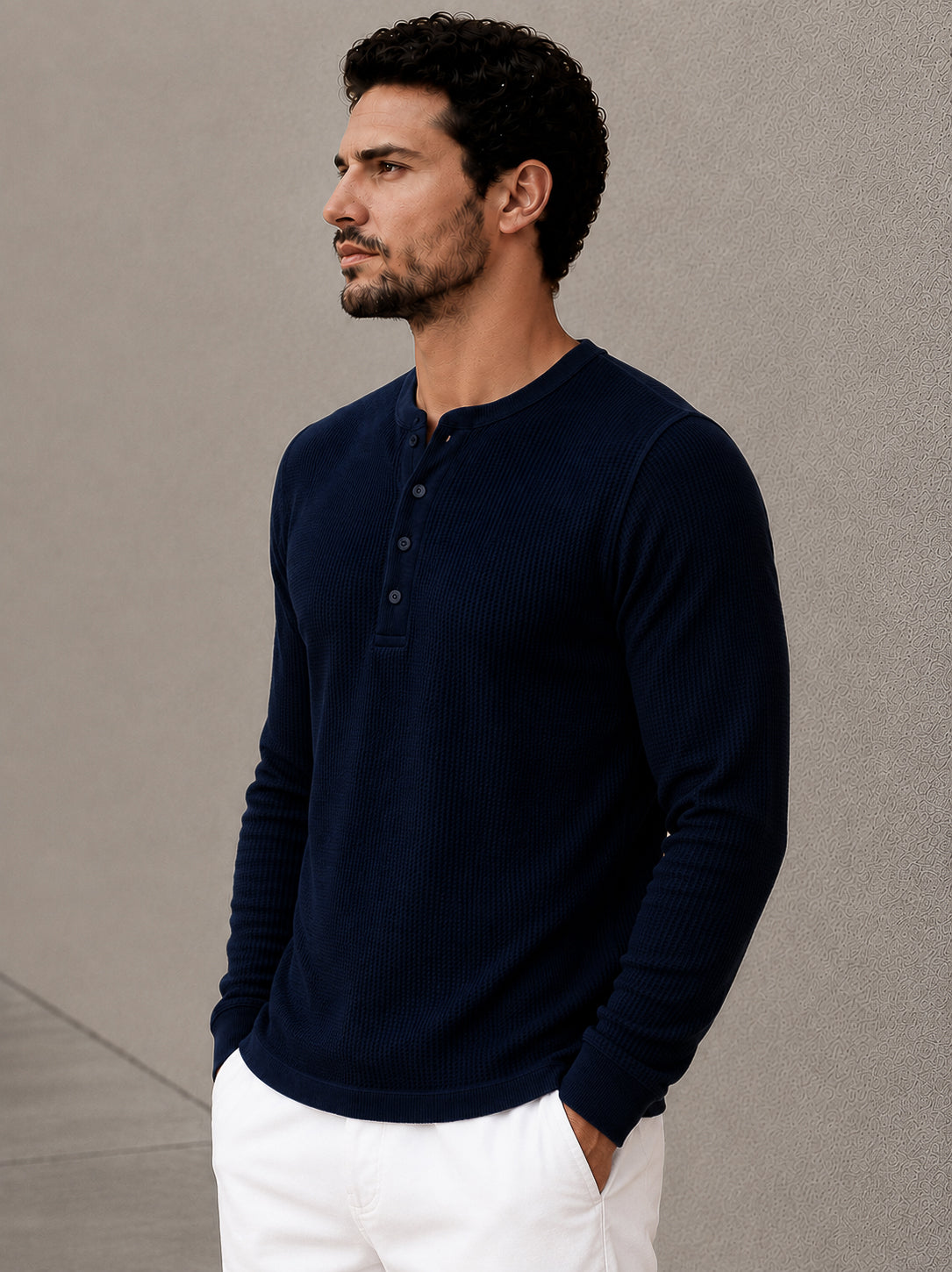 Navy Waffle Knit Full Sleeve Henley Tshirt For Men