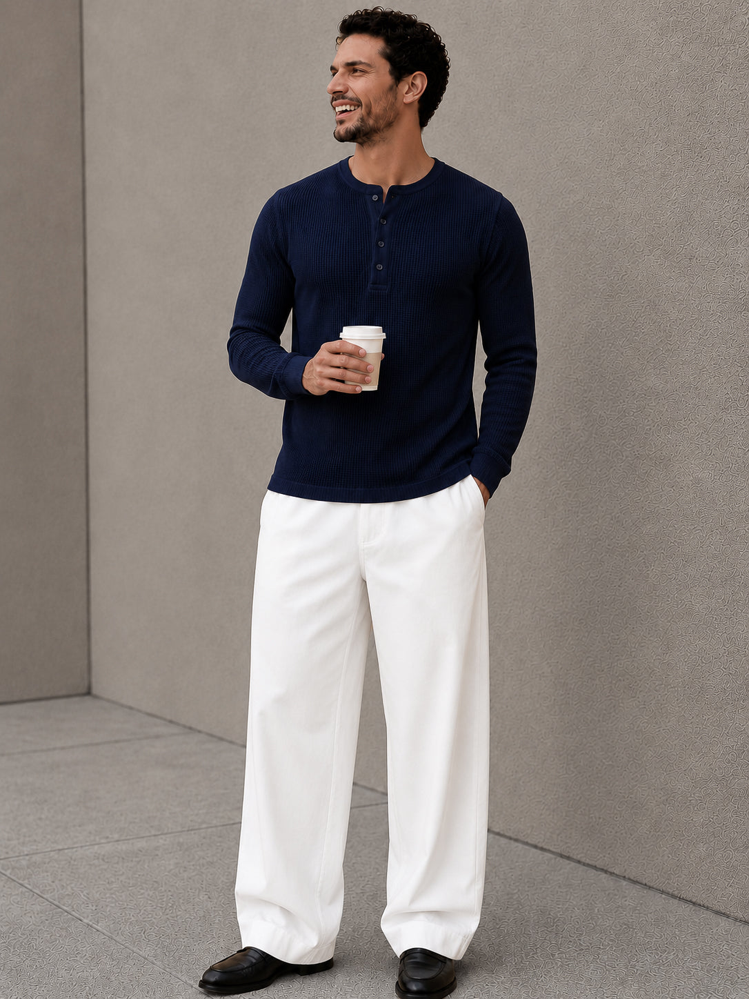 Navy Waffle Knit Full Sleeve Henley Tshirt For Men