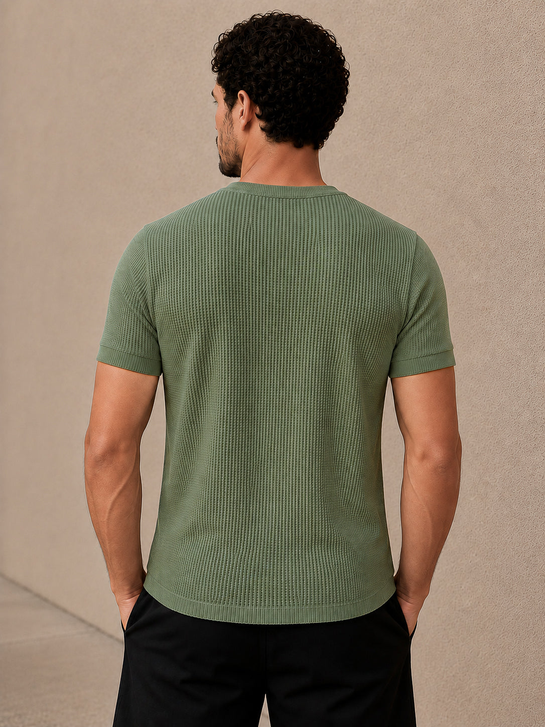 Pastel Green Waffle Knit Half Sleeve Henley Tshirt For Men