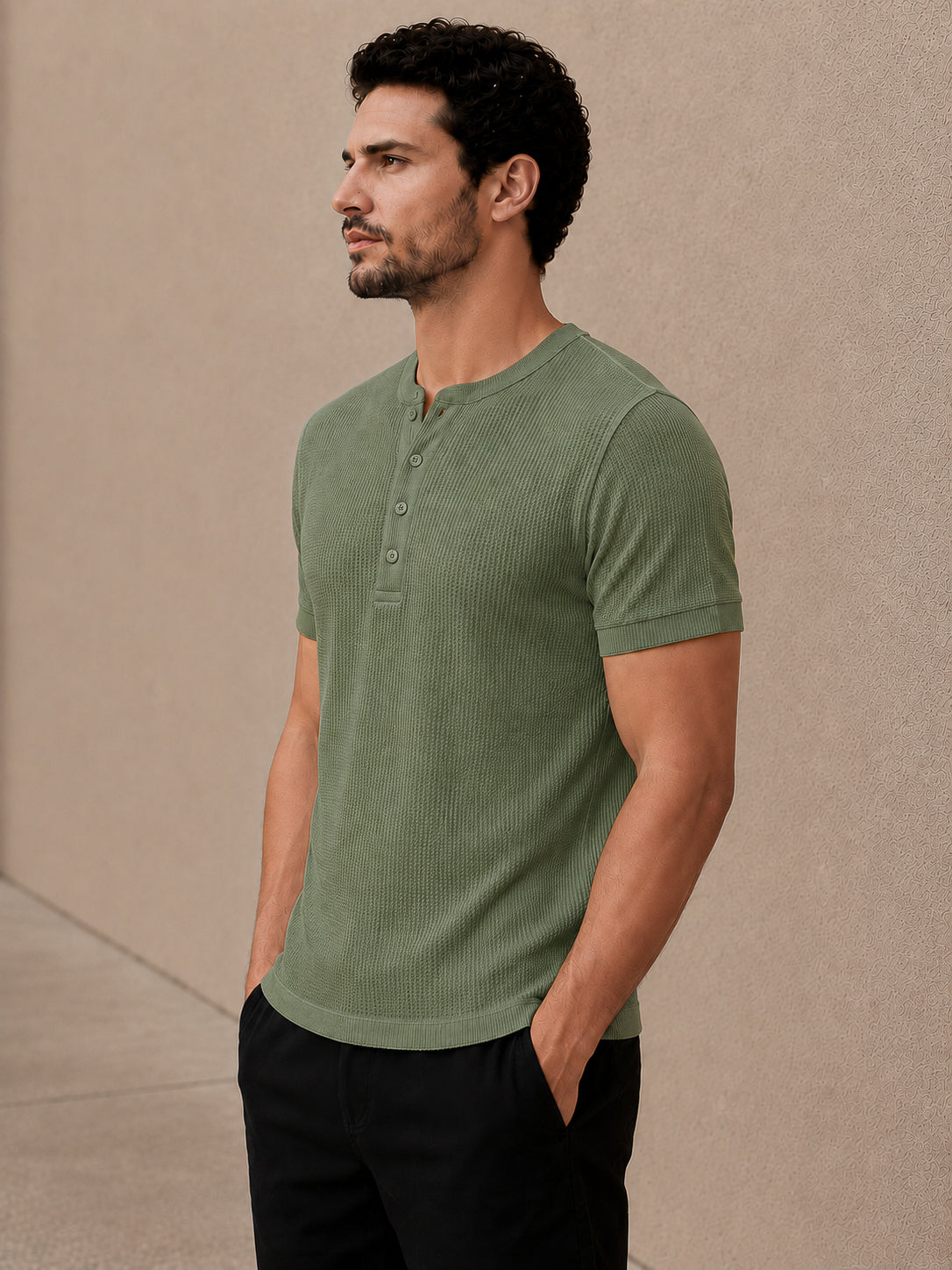 Pastel Green Waffle Knit Half Sleeve Henley Tshirt For Men