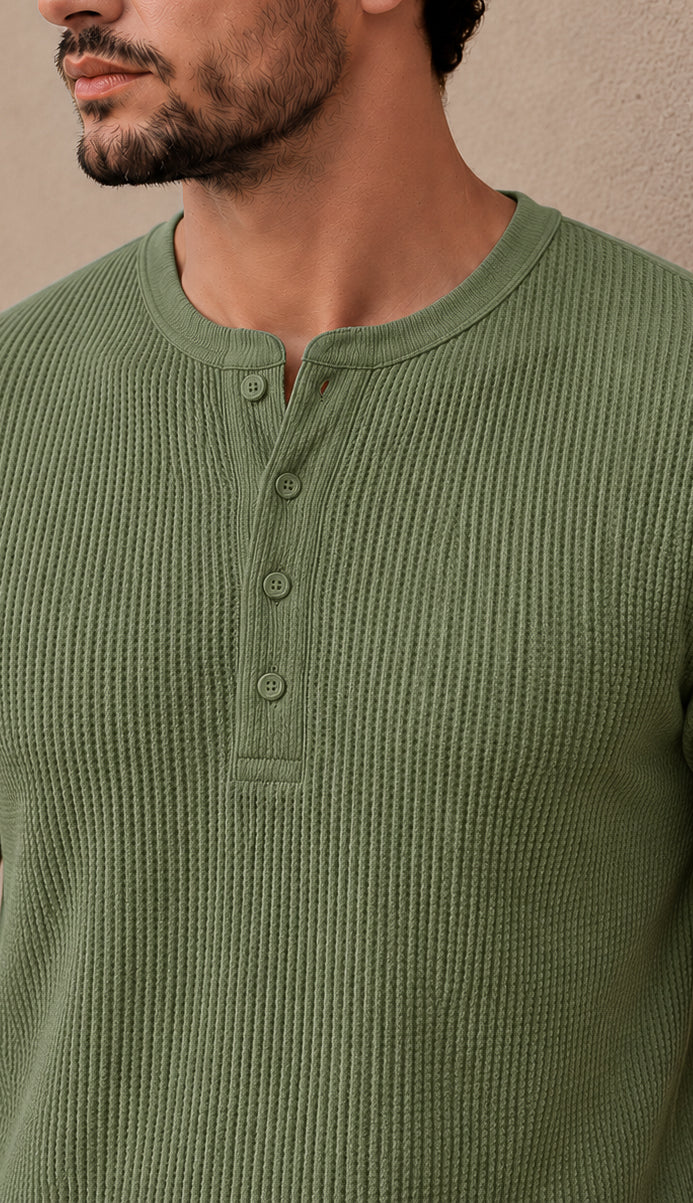 Pastel Green Waffle Knit Full Sleeve Henley Tshirt For Men
