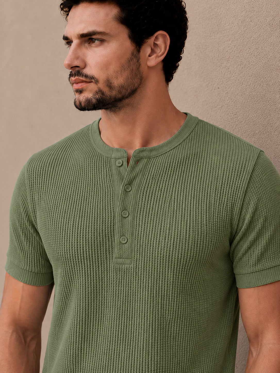 Pastel Green Waffle Knit Half Sleeve Henley Tshirt For Men