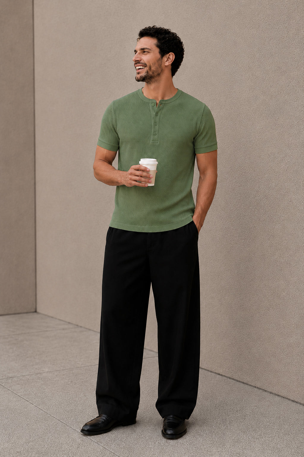 Pastel Green Waffle Knit Half Sleeve Henley Tshirt For Men