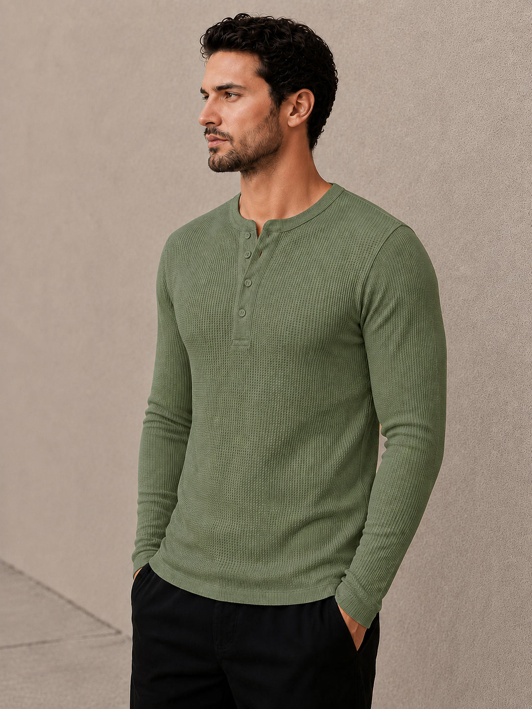 Pastel Green Waffle Knit Full Sleeve Henley Tshirt For Men