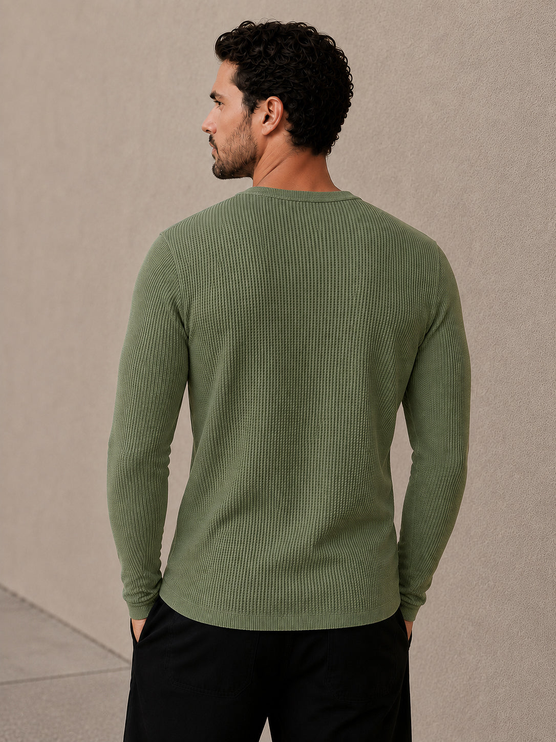 Pastel Green Waffle Knit Full Sleeve Henley Tshirt For Men