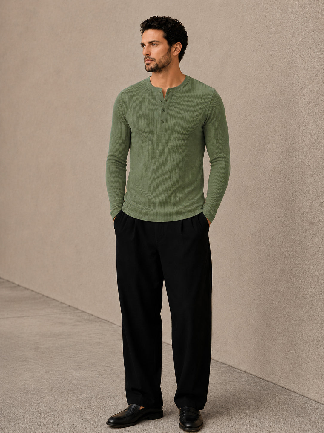 Pastel Green Waffle Knit Full Sleeve Henley Tshirt For Men