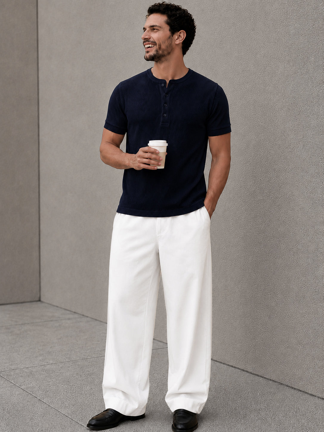 Navy Waffle Knit Half Sleeve Henley Tshirt For Men