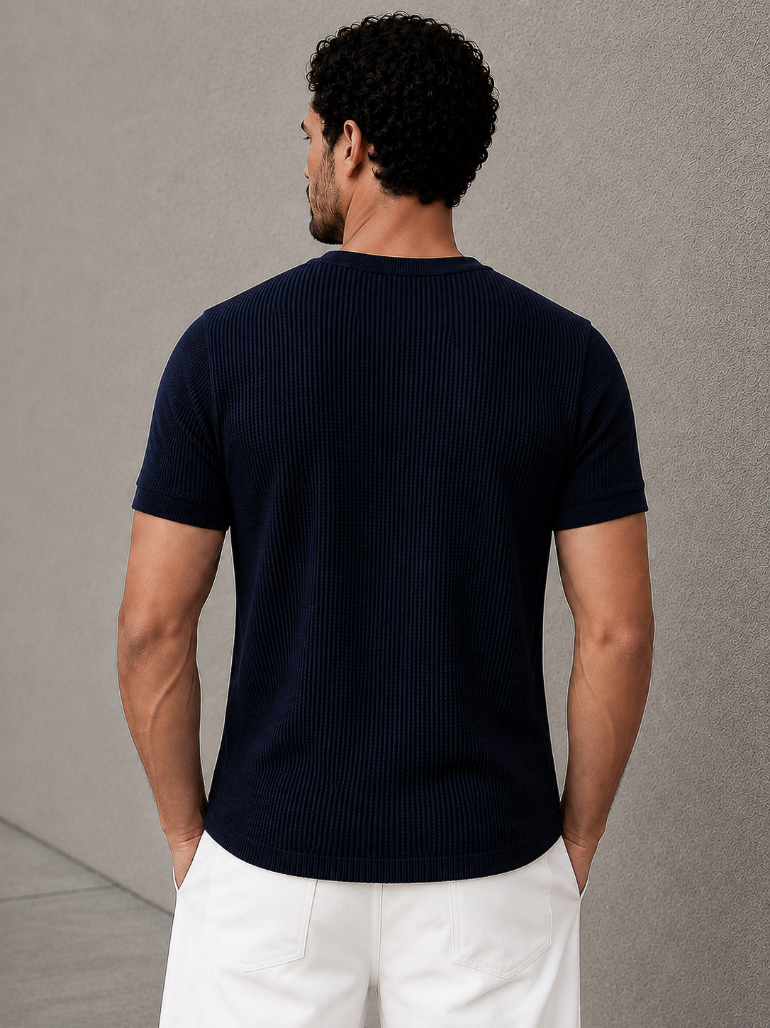 Navy Waffle Knit Half Sleeve Henley Tshirt For Men