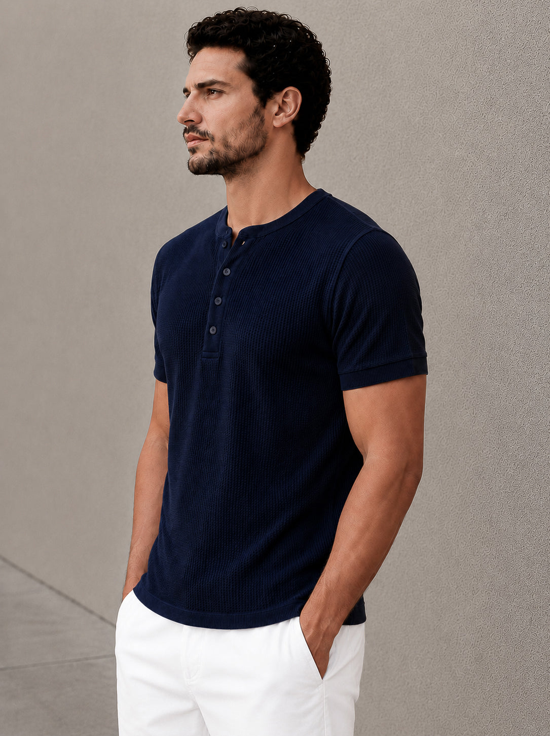 Navy Waffle Knit Half Sleeve Henley Tshirt For Men