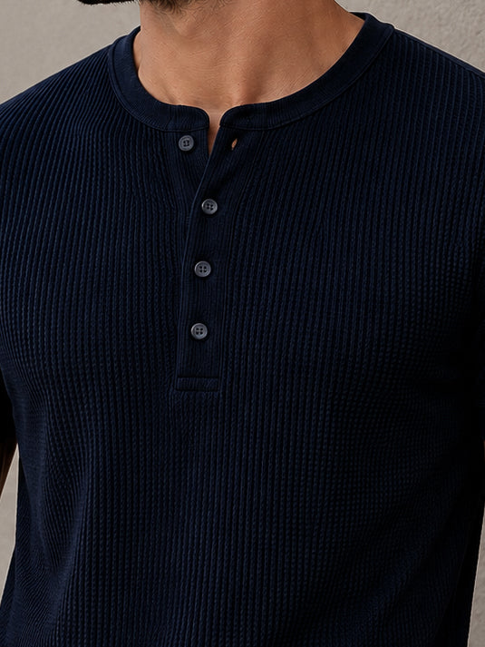 Navy Waffle Knit Full Sleeve Henley Tshirt For Men
