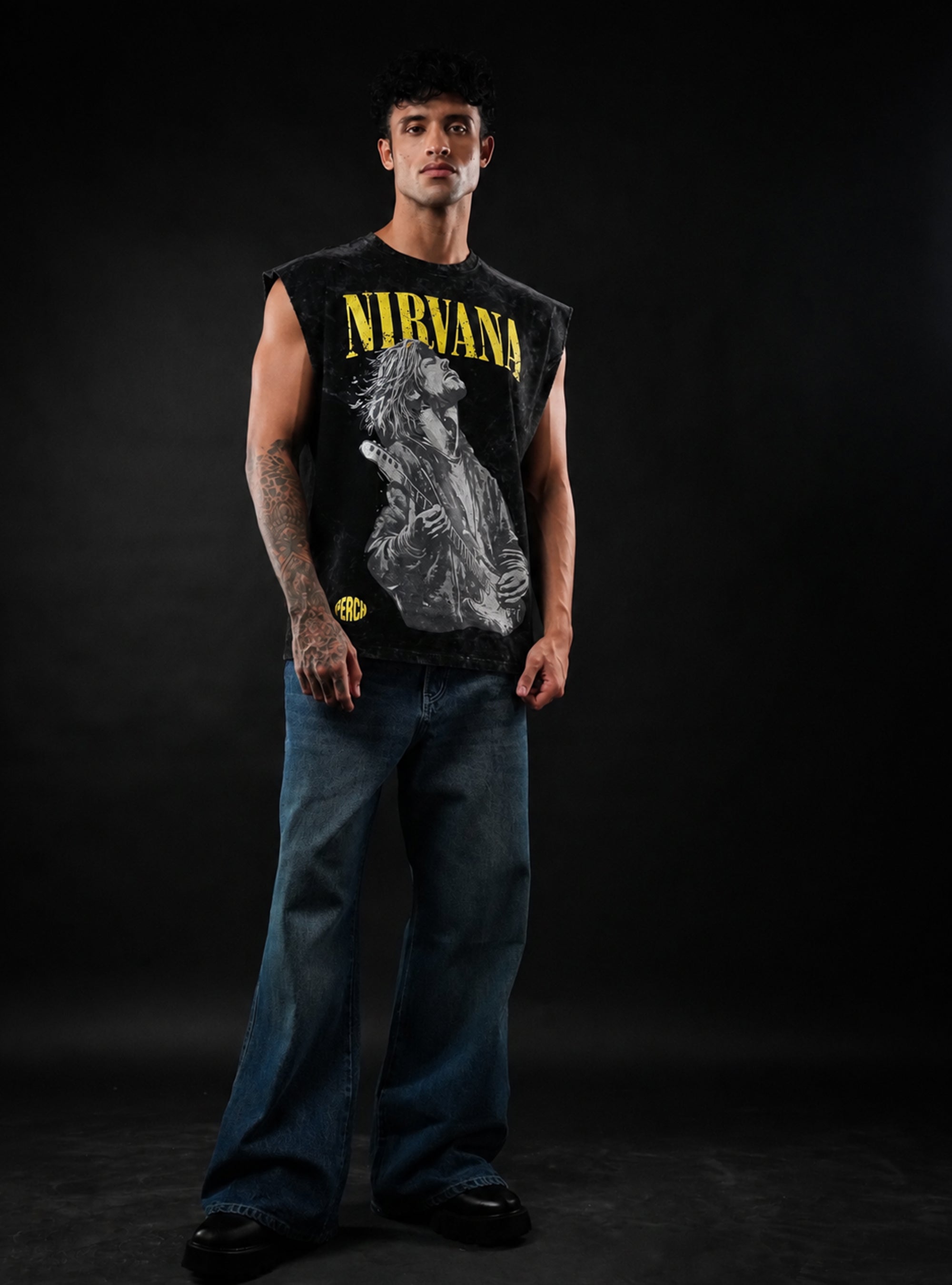 Black Nirvana Oversized Sleeveless Cotton Acid Wash Tank Tshirt for Men & Women
