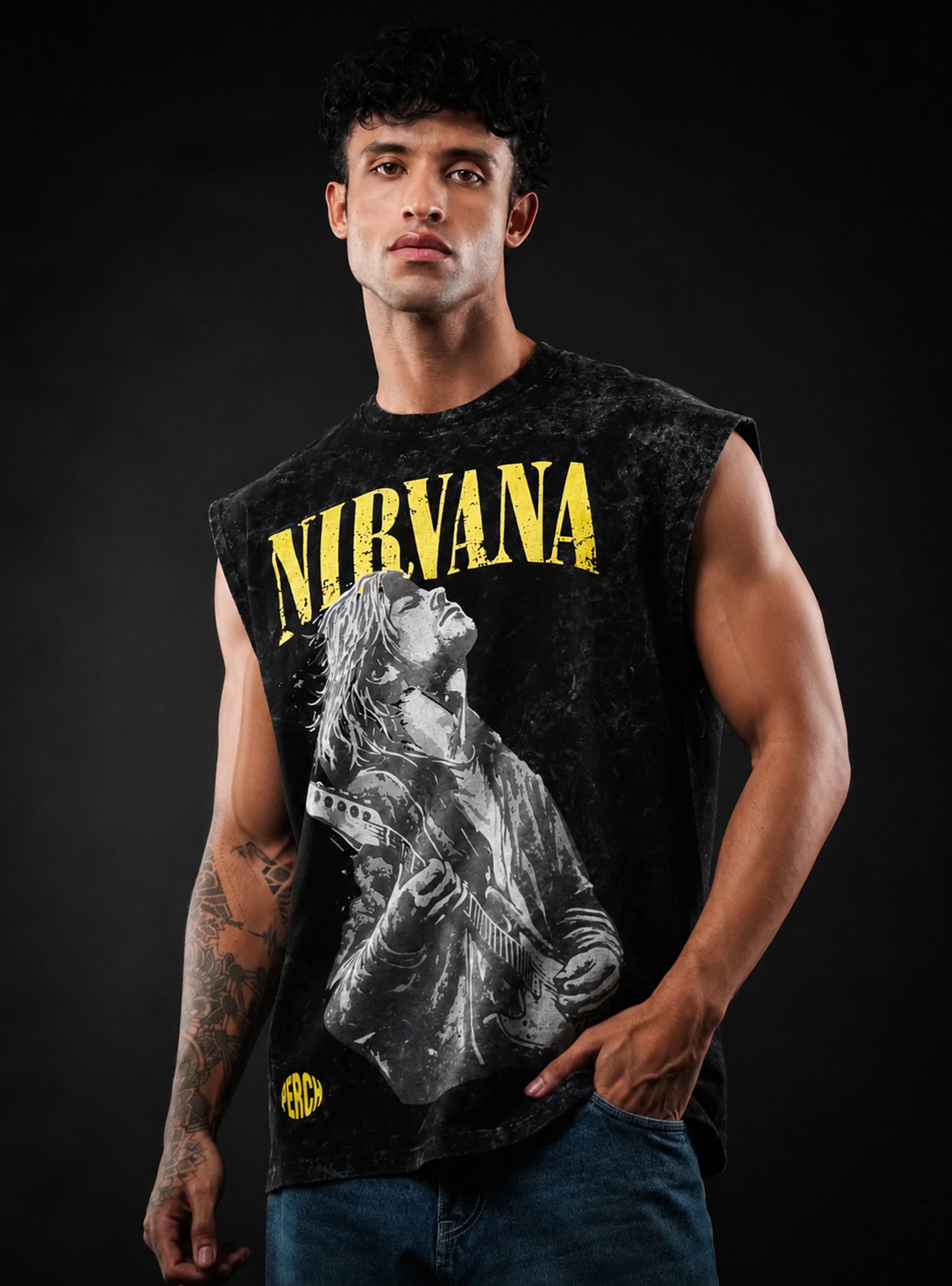 Black Nirvana Oversized Sleeveless Cotton Acid Wash Tank Tshirt for Men & Women