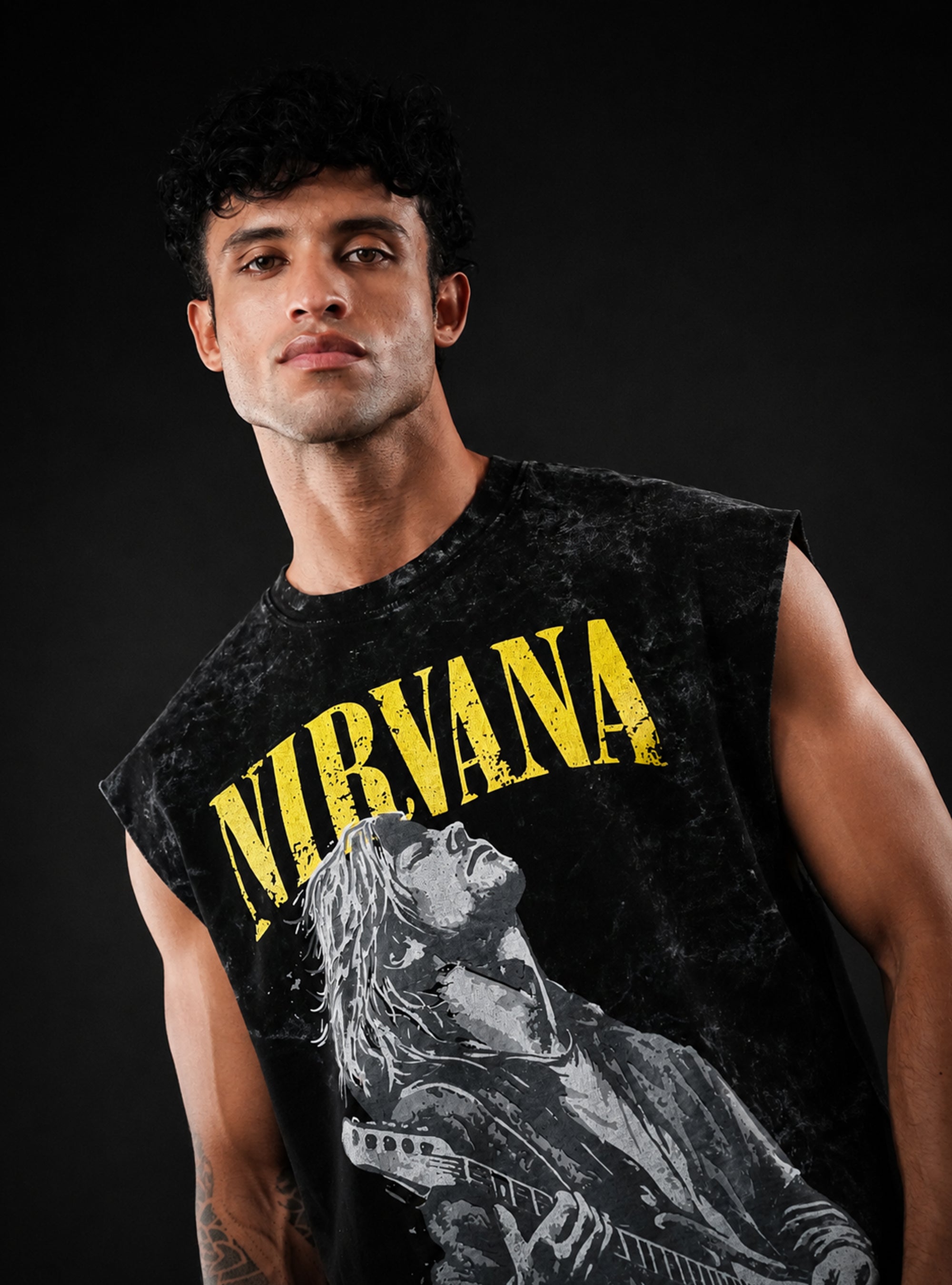 Black Nirvana Oversized Sleeveless Cotton Acid Wash Tank Tshirt for Men & Women