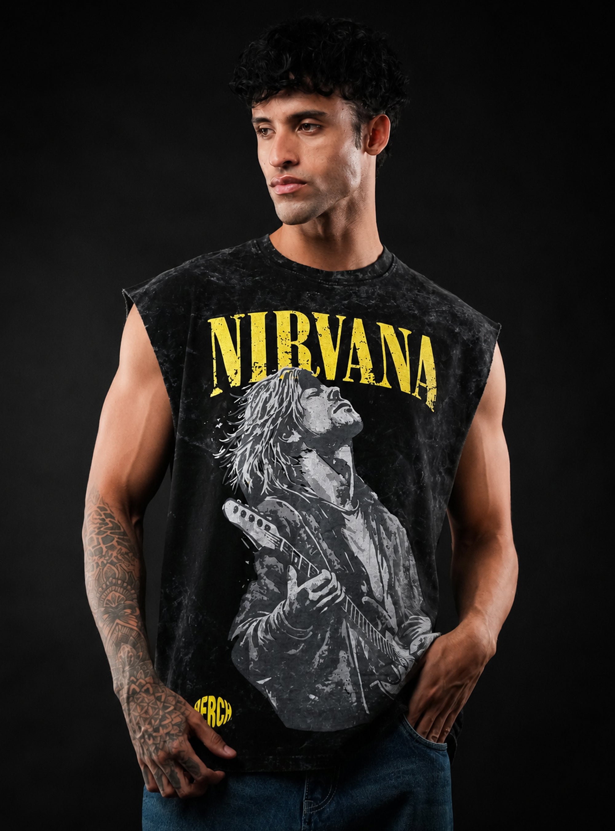 Black Nirvana Oversized Sleeveless Cotton Acid Wash Tank Tshirt for Men & Women