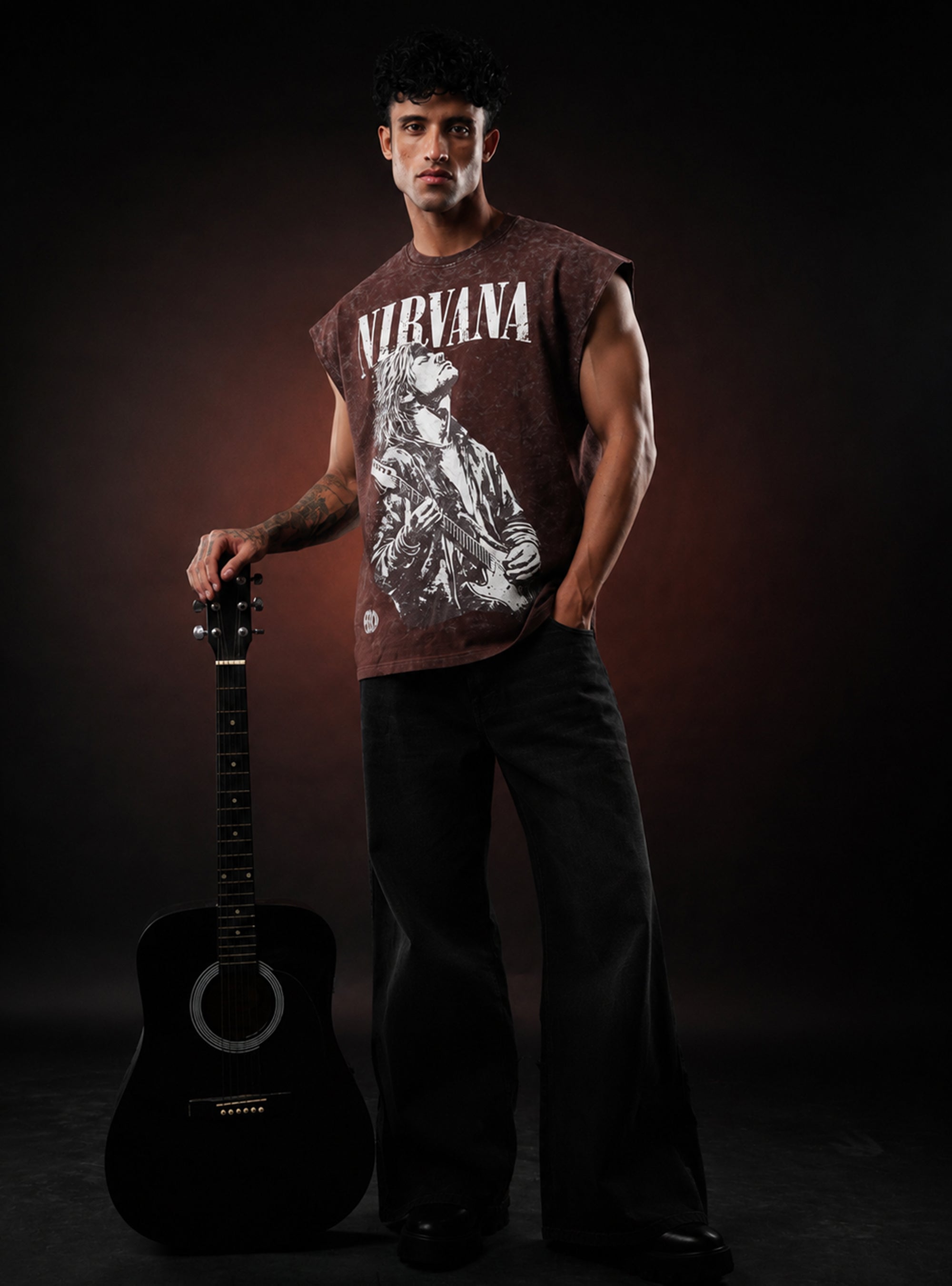Brown Nirvana Oversized Sleeveless Cotton Acid Wash Tank Tshirt for Men & Women