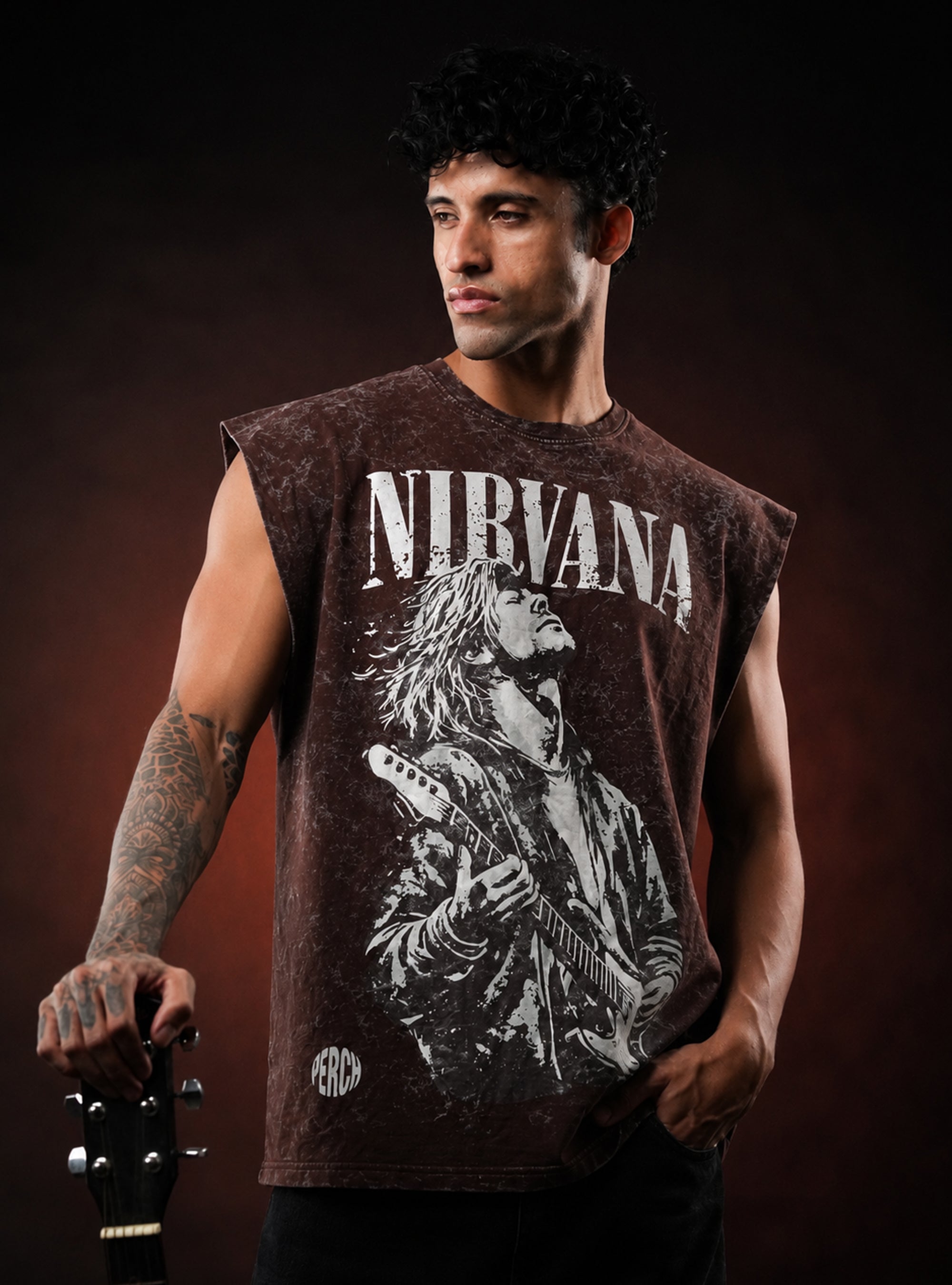 Brown Nirvana Oversized Sleeveless Cotton Acid Wash Tank Tshirt for Men & Women