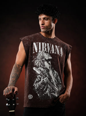 Brown Nirvana Oversized Sleeveless Cotton Acid Wash Tank Tshirt for Men & Women