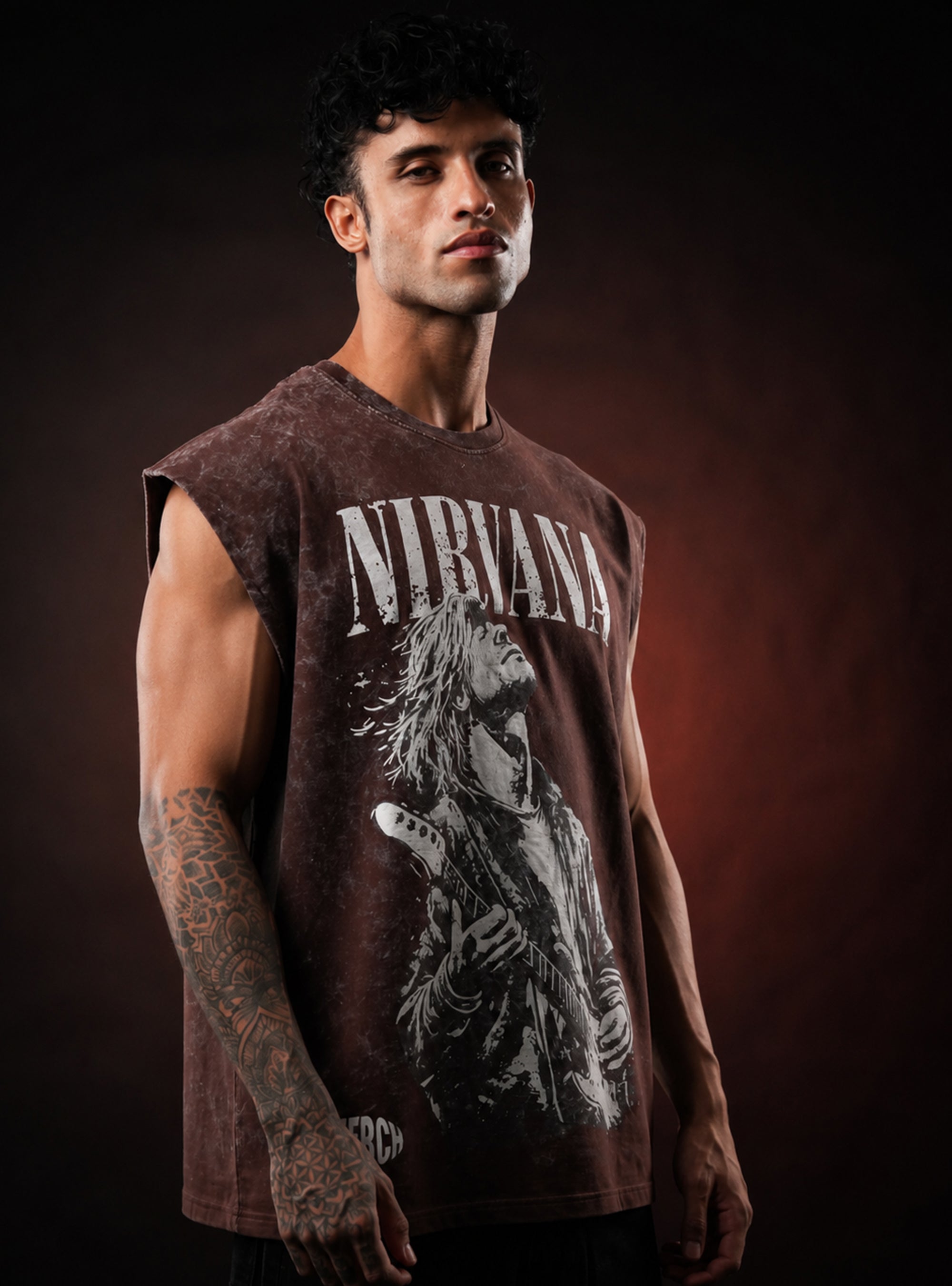 Brown Nirvana Oversized Sleeveless Cotton Acid Wash Tank Tshirt for Men & Women