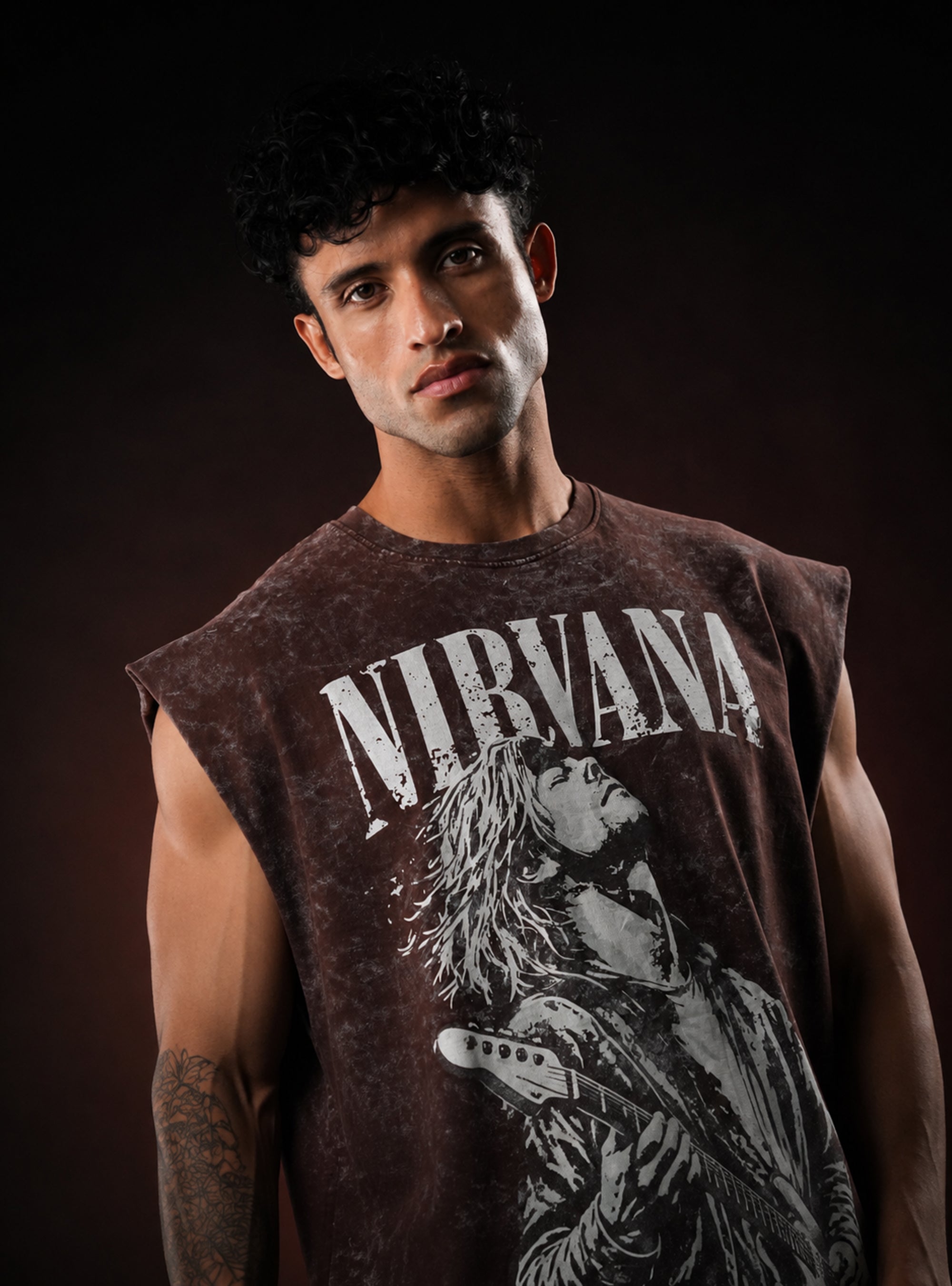 Brown Nirvana Oversized Sleeveless Cotton Acid Wash Tank Tshirt for Men & Women